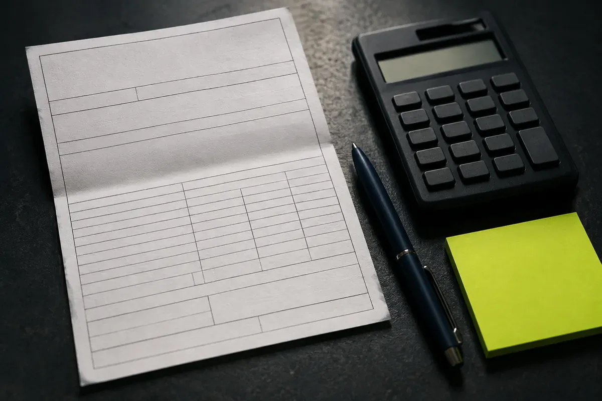 Bulletin de paie plié, calculatrice de poche et stylo sur un bureau sombre