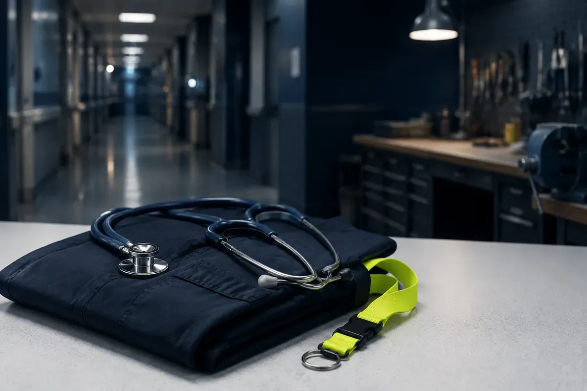 Veste de travail et stéthoscope posés sur un comptoir clair