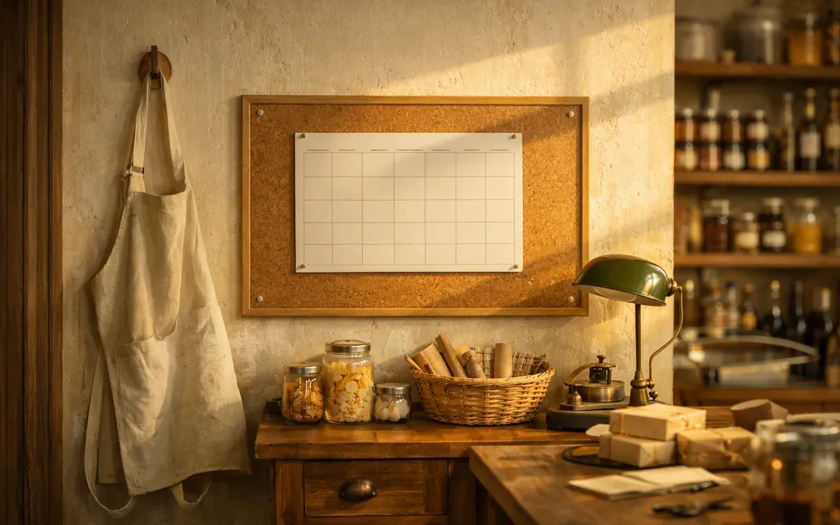 Illustration du guide : arrière-boutique avec un tablier accroché et un planning de la semaine épinglé au mur