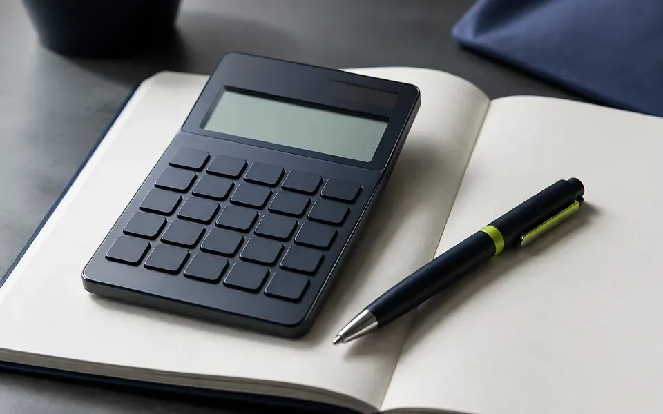 Calculatrice et carnet sur un bureau