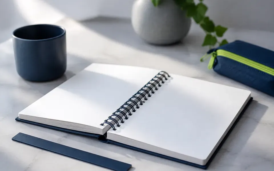Cahier ouvert sur un plan de travail